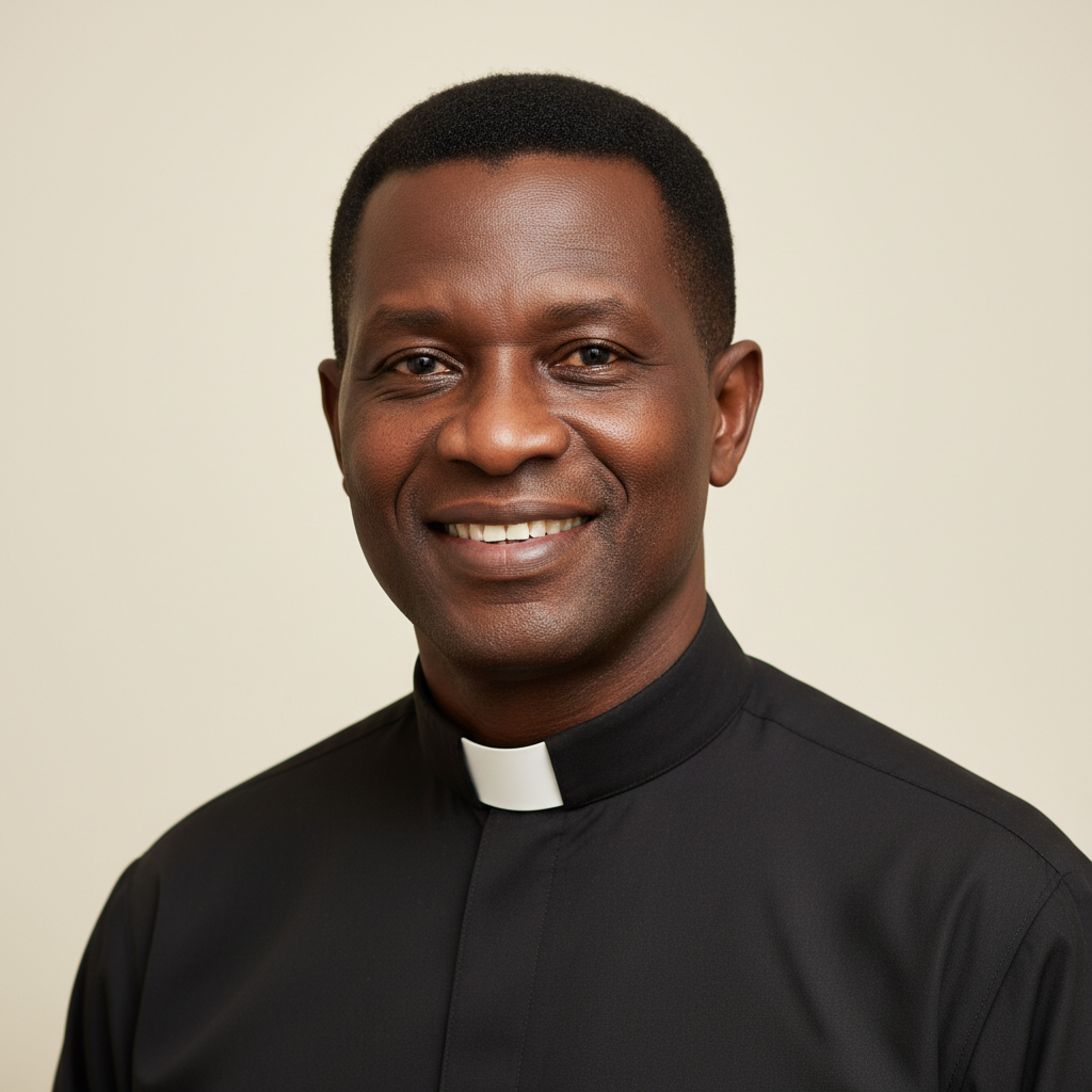 Professional dignified portrait of a middle-aged Nigerian Catholic priest wearing a black clerical shirt with white collar, warm confident smile, soft studio lighting against a neutral cream background, head and shoulders, photographic realism, respectful and premium.