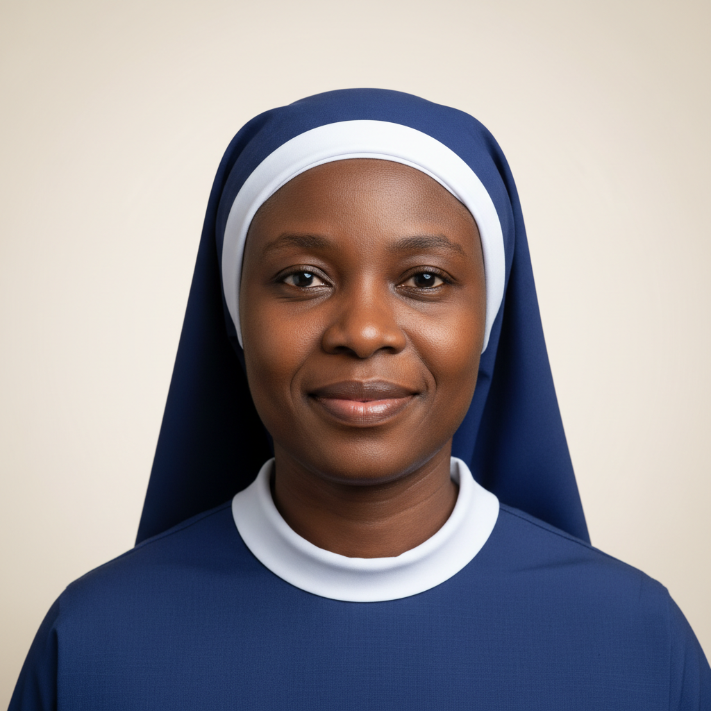 Professional dignified portrait of a Nigerian Catholic religious sister wearing a simple modest habit and veil, serene warm expression, soft studio lighting against a neutral cream background, head and shoulders, photographic realism, respectful and premium.