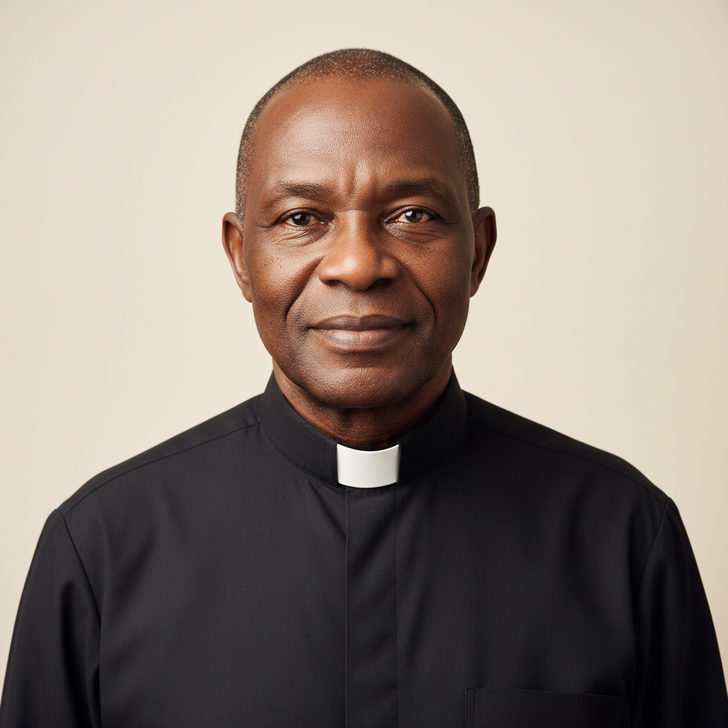 Professional dignified portrait of an older Nigerian Catholic priest wearing a black clerical shirt with white collar, dignified assured expression, soft studio lighting against a neutral cream background, head and shoulders, photographic realism, respectful and premium.