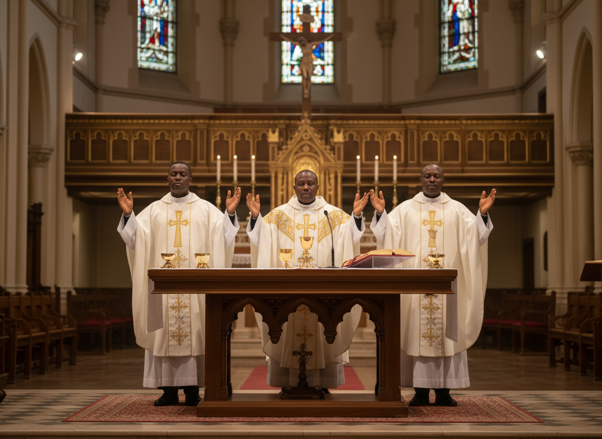 Photographic image of Nigerian Catholic priests in white liturgical vestments celebrating Mass at an altar, hands raised in prayer, warm reverent lighting, dignified and solemn, professional photography, shallow depth of field