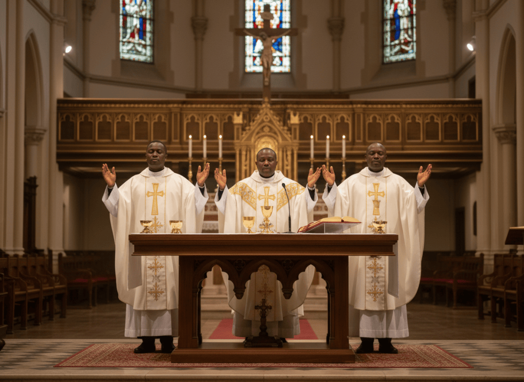 Photographic image of Nigerian Catholic priests in white liturgical vestments celebrating Mass at an altar, hands raised in prayer, warm reverent lighting, dignified and solemn, professional photography, shallow depth of field