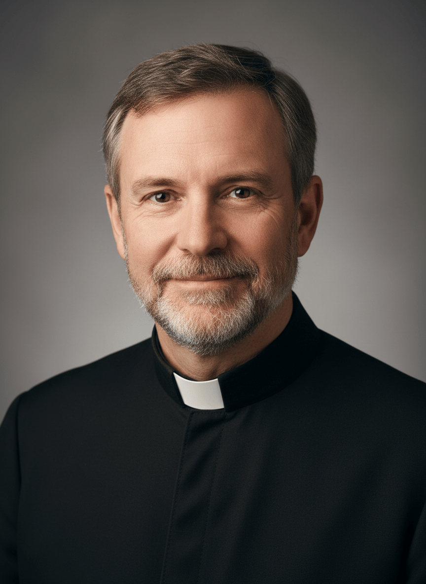 Professional portrait photo of a Catholic priest wearing black clerical collar and cassock, middle-aged man, warm and approachable expression, neutral background, studio lighting, high quality