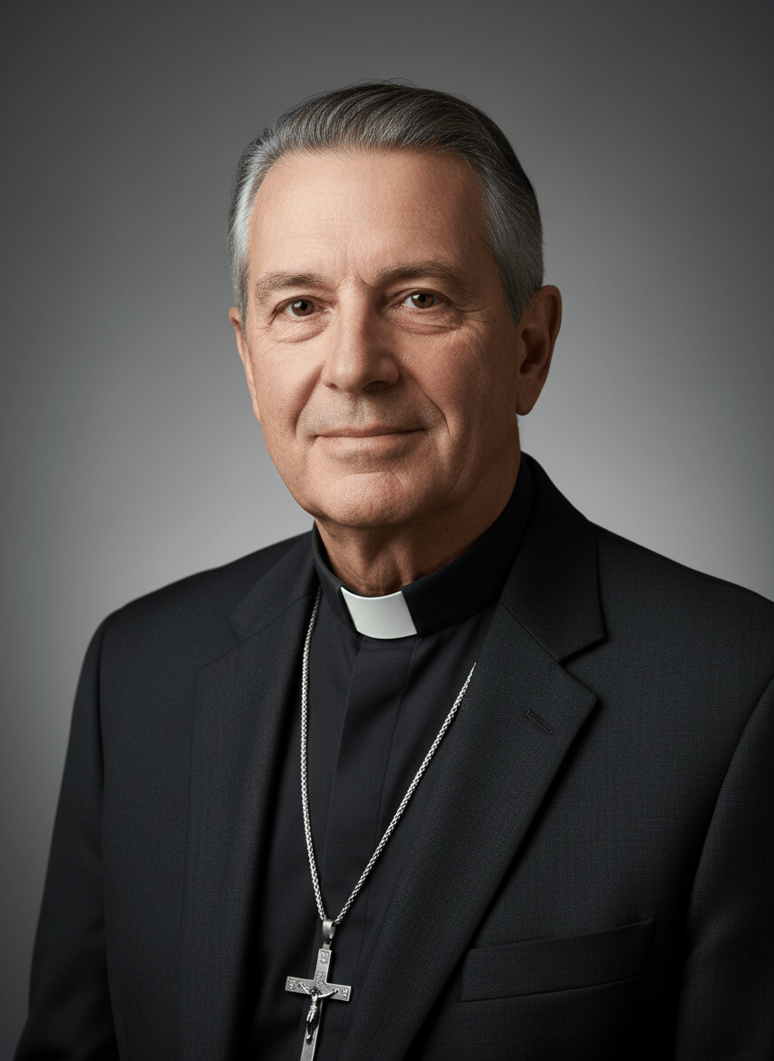 Professional portrait photo of a Catholic priest wearing black clerical collar, older distinguished man with grey hair, kind expression, neutral background, studio lighting, high quality