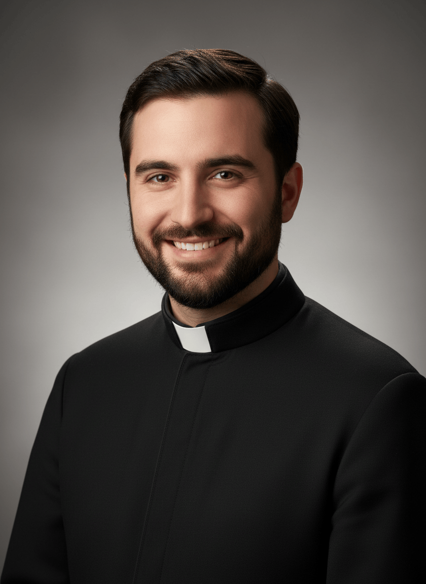 Professional portrait photo of a Catholic priest wearing black clerical collar and vestments, younger man, warm smile, neutral background, studio lighting, high quality