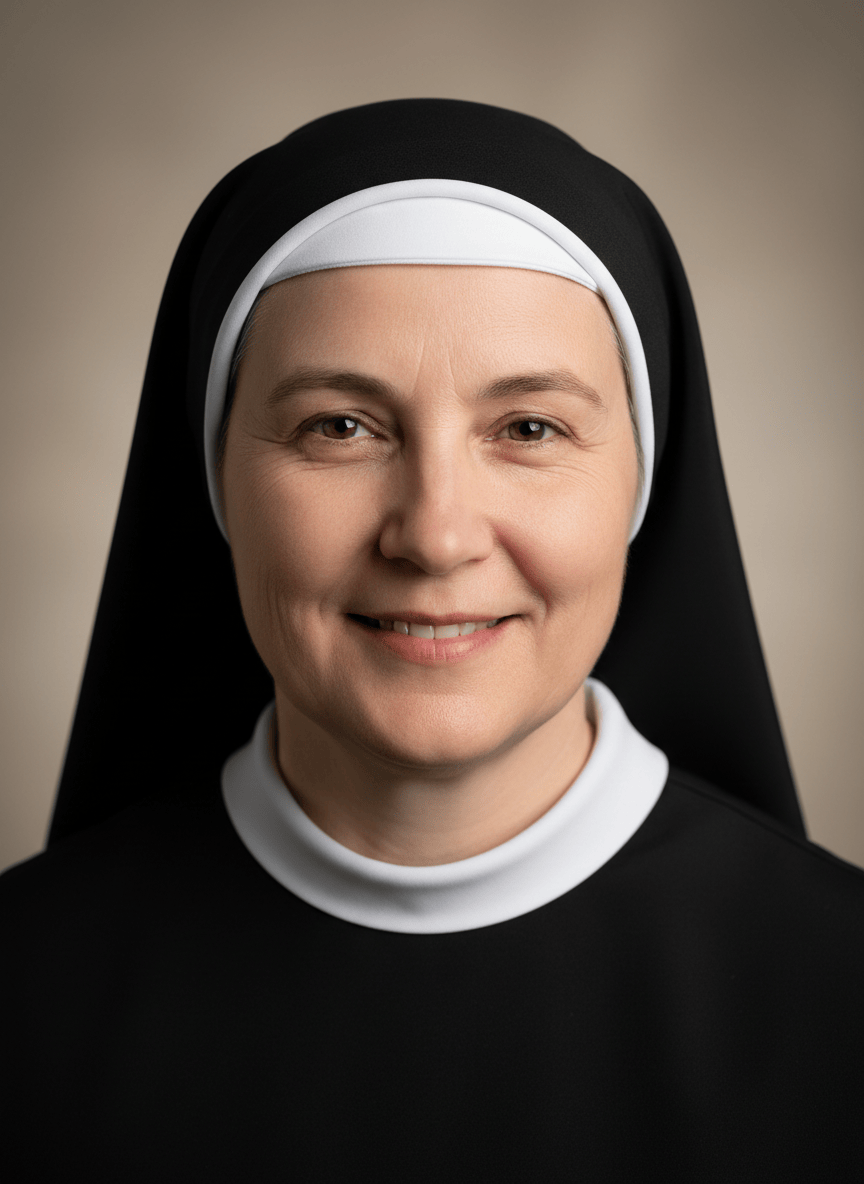 Professional portrait photo of a Catholic nun wearing a religious habit, middle-aged woman, gentle and warm expression, neutral background, studio lighting, high quality