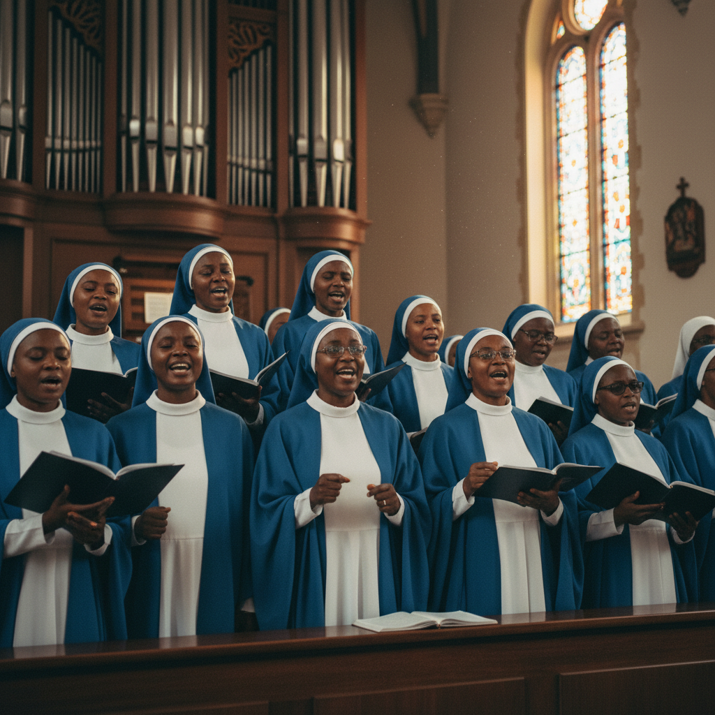 Nigerian religious sisters in blue and white habits singing in a choir, joyful expressions, documentary style