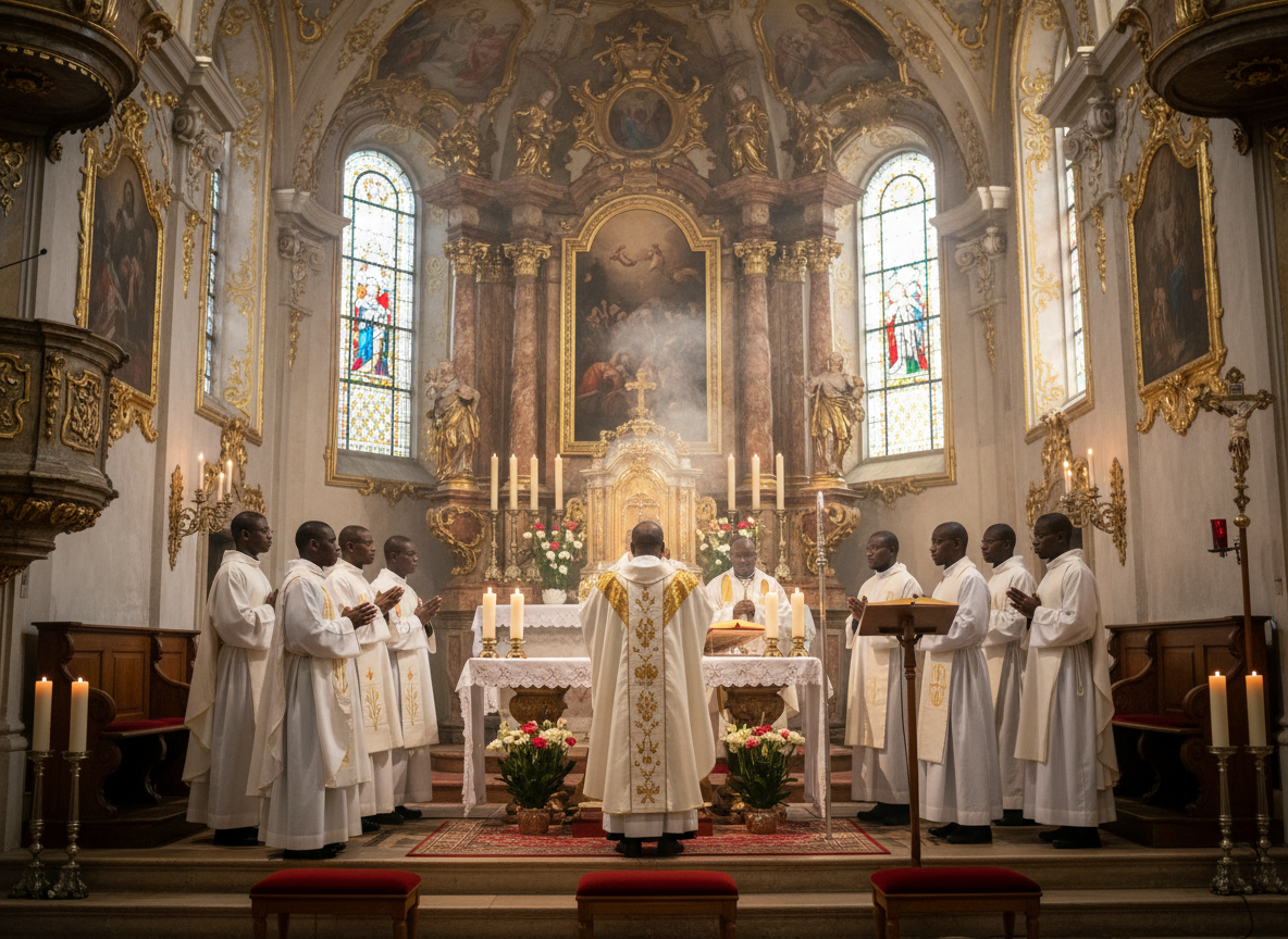 Nigerian Catholic priests concelebrating Mass at an altar, wearing white liturgical vestments, in a beautifully decorated church setting in Austria. Warm candlelight, incense, sacred atmosphere, photorealistic style.