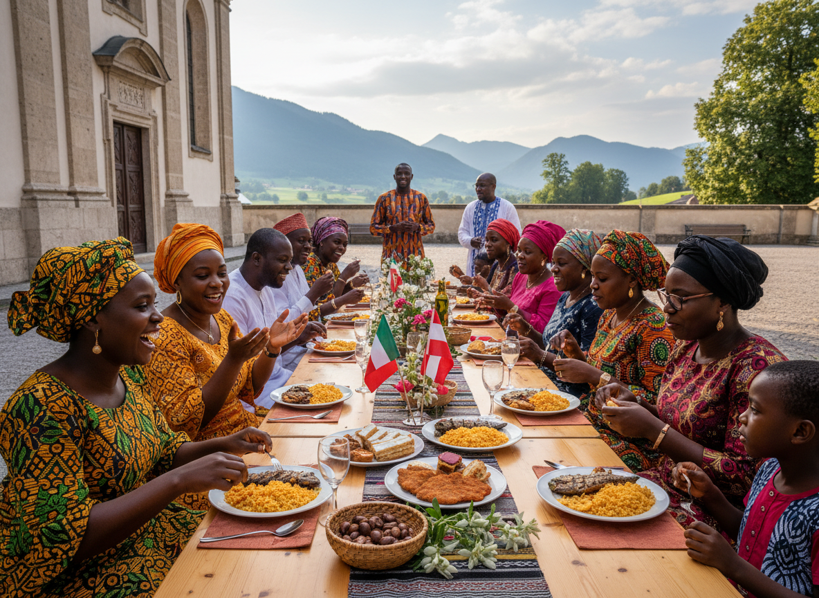Nigerian Catholic community members in Austria sharing a warm communal meal together after Mass, laughing and conversing around a long table decorated with Nigerian and Austrian cultural elements. Joyful, vibrant, photorealistic style.
