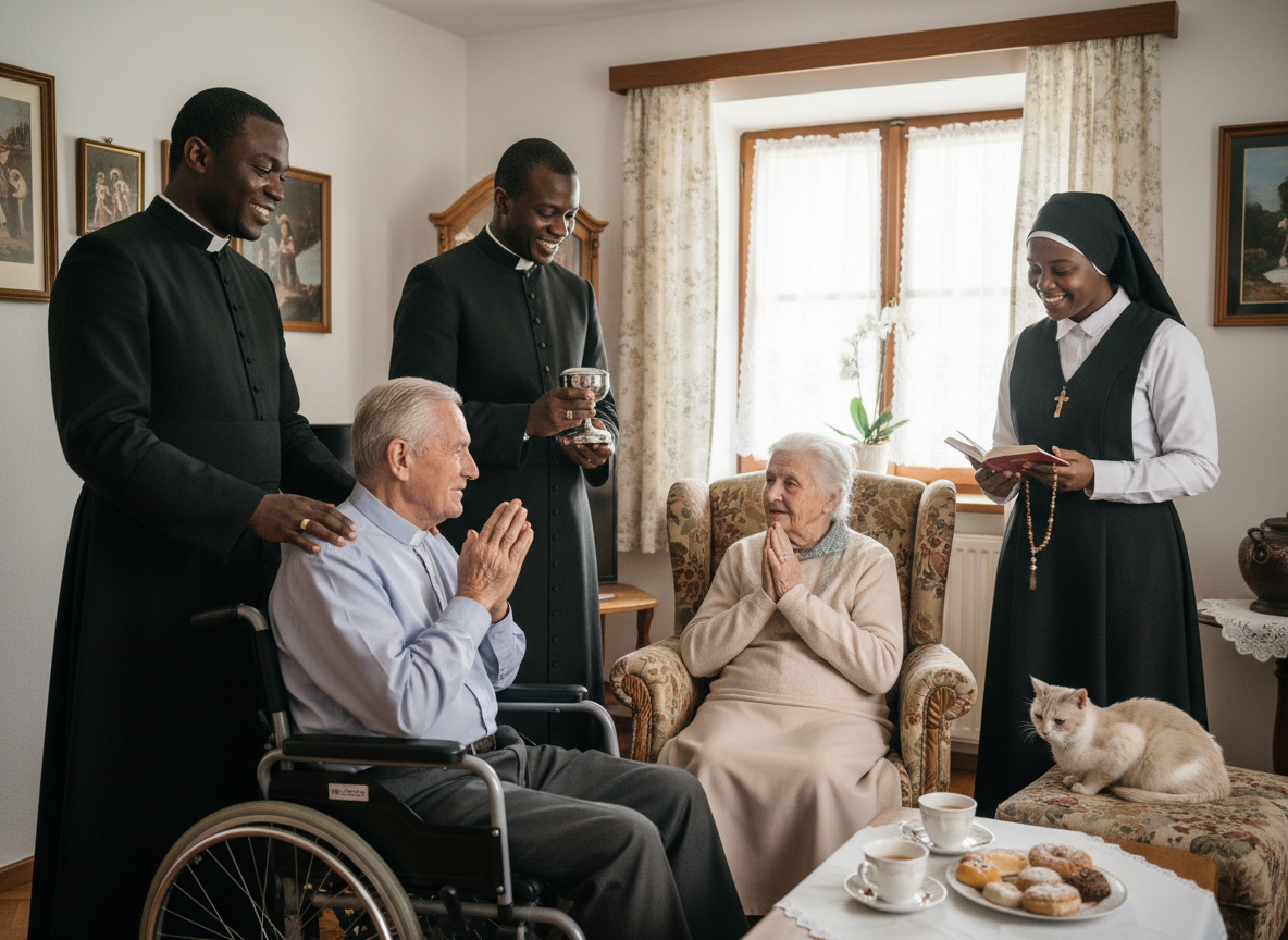 Nigerian Catholic priests and religious in Austria visiting elderly parishioners at their homes, bringing communion and pastoral care, warm and compassionate atmosphere, photorealistic style.